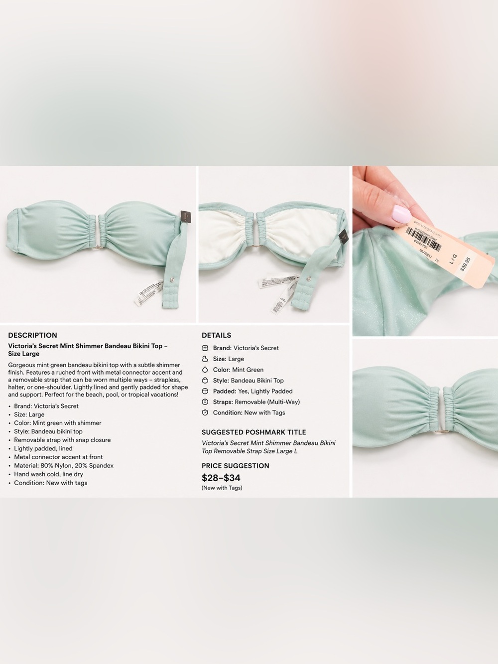 Victoria's Secret Mint Green Shimmer Bandeau Top with Removable Straps